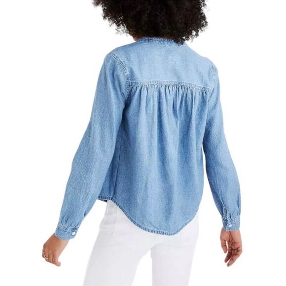 Madewell Blue Emmie Wash Denim Shirred Popover Long Sleeve Pullover Top‎ S - Picture 2 of 7